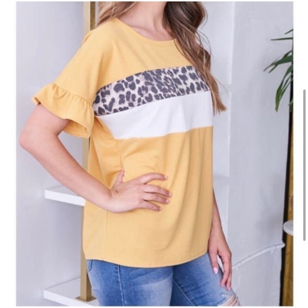 MUSTARD Leopard Animal Print
Color Block Ruffle Sleeve Top - Picture 6 of 6
